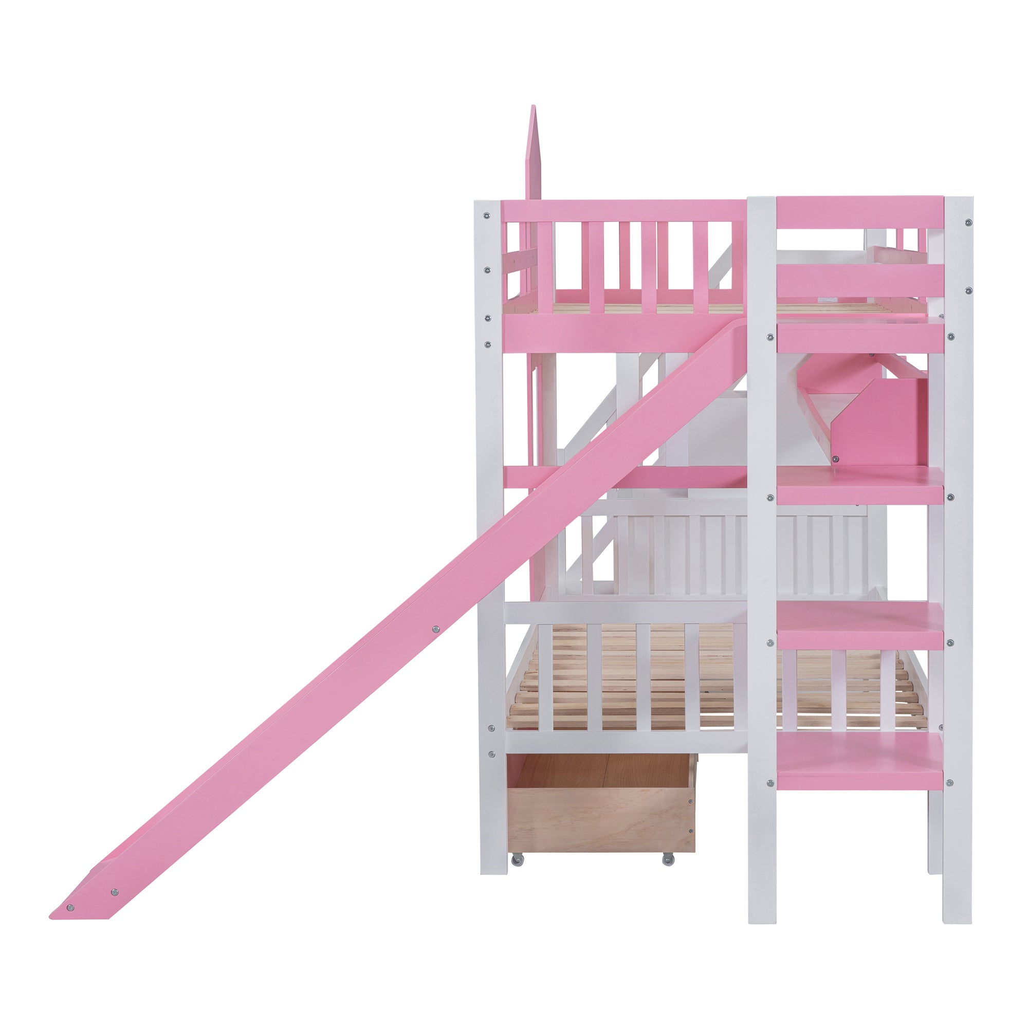 Twin-Over-Twin Castle Style Bunk Bed with 2 Drawers 3 Shelves and Slide - Pink - Atlantic Fine Furniture Melbourne FL
