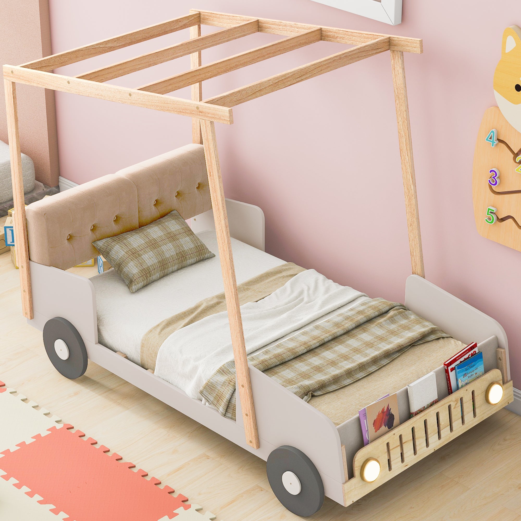 Wood Twin Size Car Bed with Pillow, Ceiling Cloth and LED, Natural - Atlantic Fine Furniture Melbourne FL