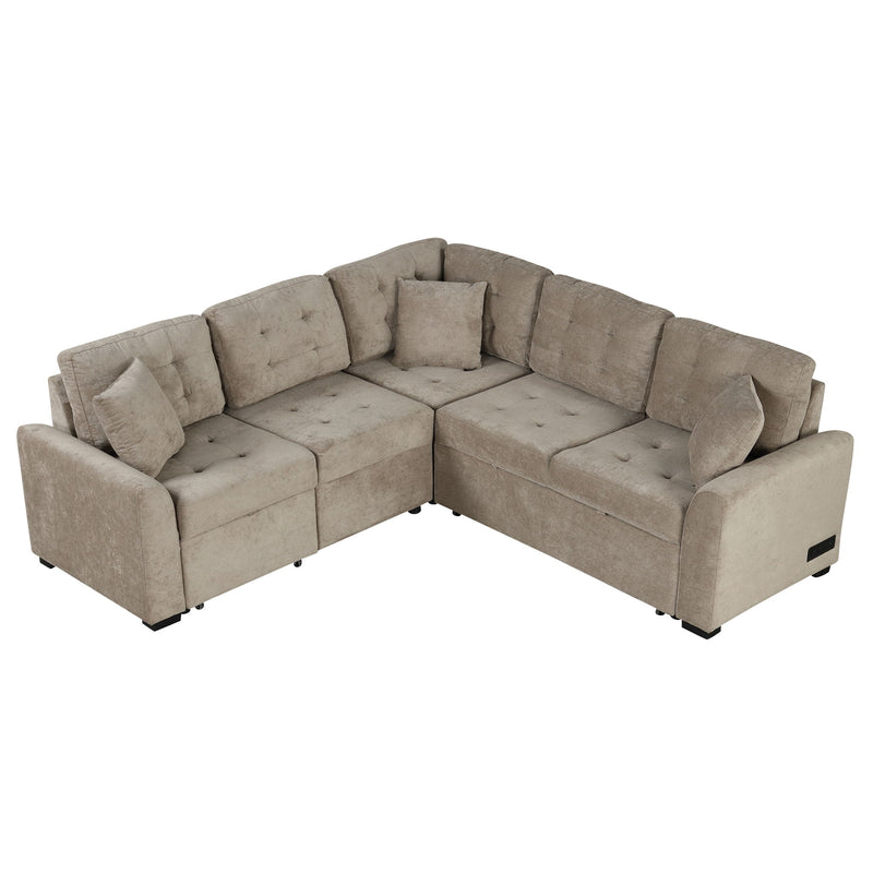 L-Shape Sofa Bed Pull-Out Sleeper Sofa With Wheels, USB Ports, Power Sockets For Living Room