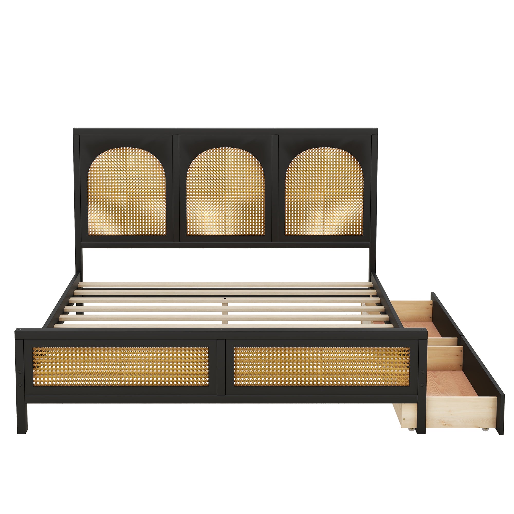 Queen Size Wood Storage Platform Bed with 2 Drawers, Rattan Headboard and Footboard, Black - Atlantic Fine Furniture Melbourne FL