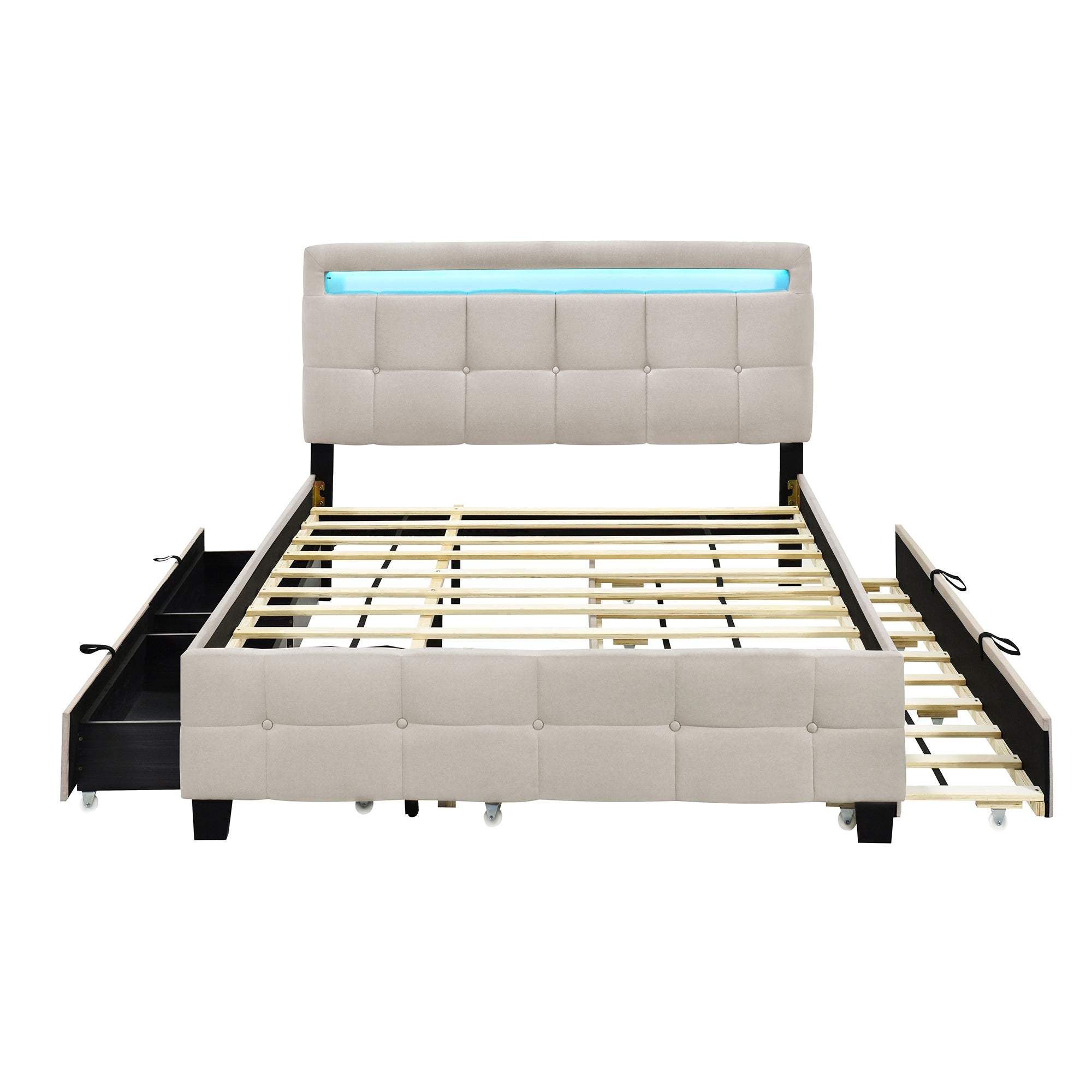 Queen Size Upholstered Platform Bed with LED Frame, with Twin XL Size Trundle and 2 drawers, Linen Fabric, Beige - Atlantic Fine Furniture Melbourne FL