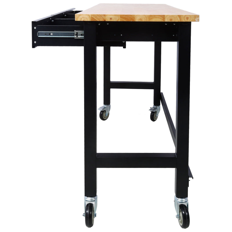 Work Bench, Workbench With Drawer Storage, Heavy Duty Bamboo Wood Work Table With Wheels For Garage Home Office