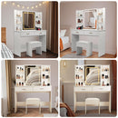 Vanity Desk With Mirror And LED Lights 3 Lighting Modes And Power Outlet 2 Spacious Drawers And Stool - White