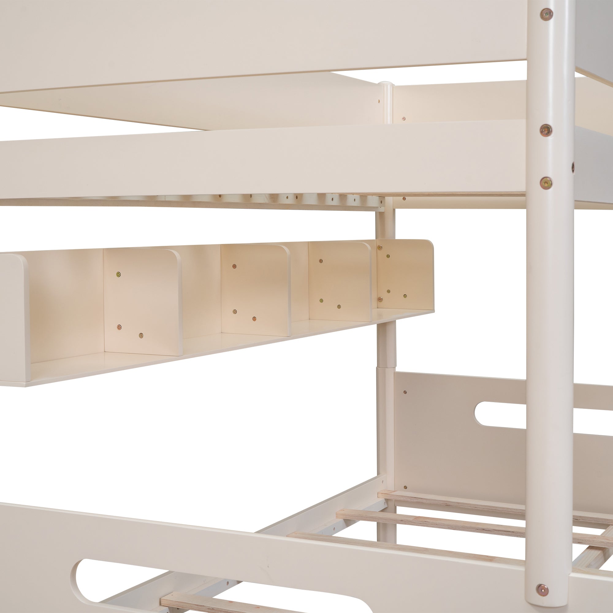 Wood Twin over Full Bunk Bed with Storage Shelves and Twin Size Trundle, Cream - Atlantic Fine Furniture Melbourne FL