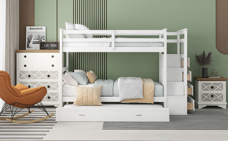Twin Over Twin Bunk Bed with Trundle and Staircase,White(OLD SKU:LT000068AAK) - Atlantic Fine Furniture Melbourne FL