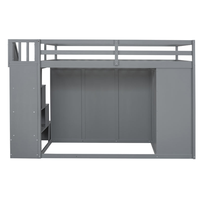 Full Size Wood Loft Bed With Built-in Wardrobes, Cabinets and Drawers, Gray