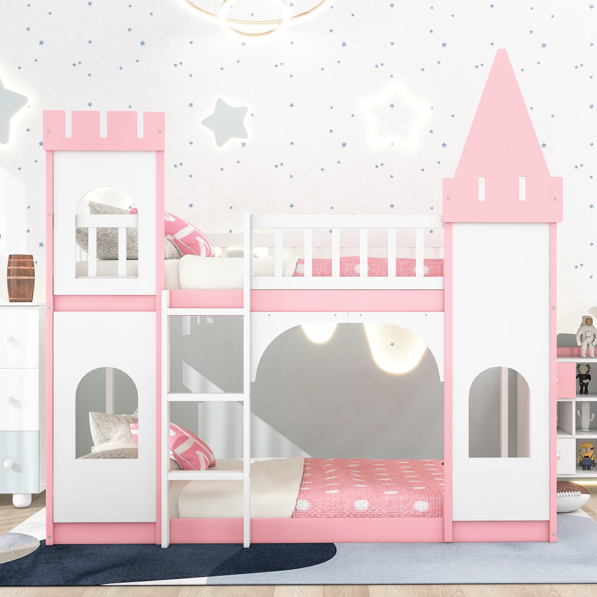Twin Over Twin Castle Bunk Bed with Ladder - Pink - Atlantic Fine Furniture Melbourne FL