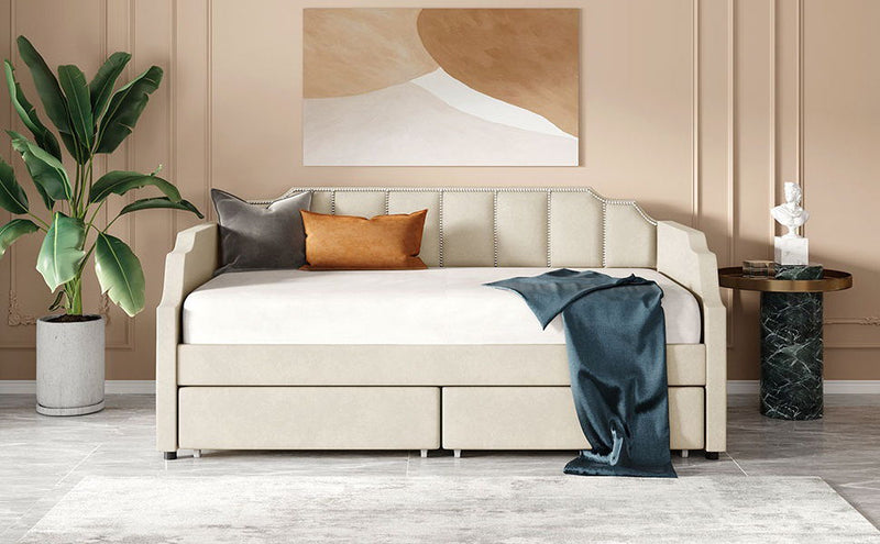 Upholstered Daybed With Drawers, Slat Support
