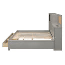 Full Size Wooden Daybed with 3 Storage Drawers, Upper Soft Board, shelf, and a set of Sockets and USB Ports, Gray