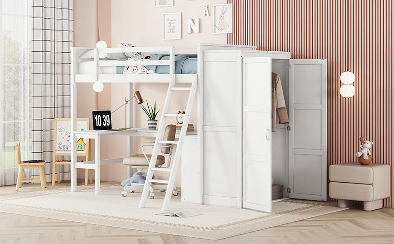 Twin size Loft Bed with Desk, Shelves and Wardrobe-White