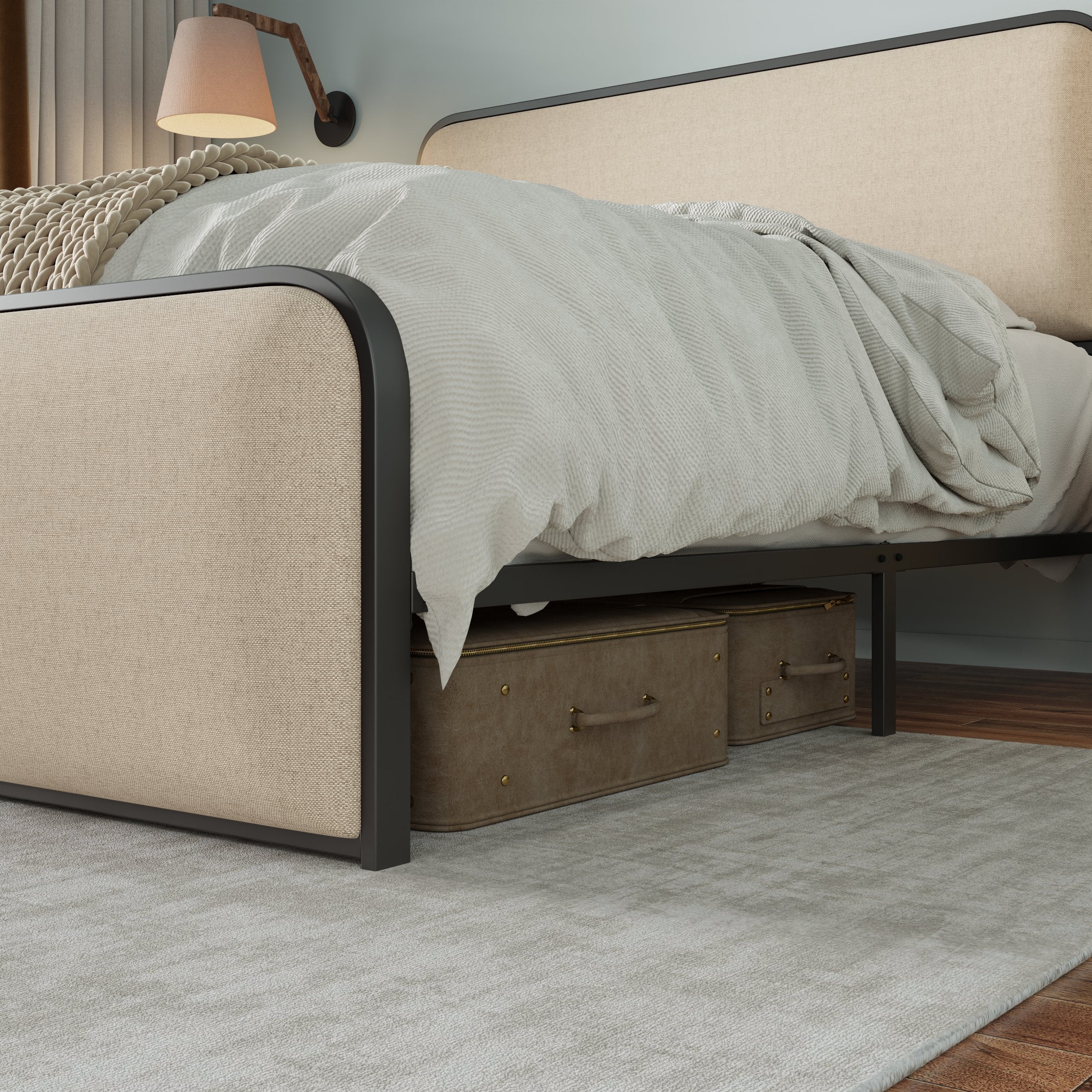 Modern Metal Bed Frame with Curved Upholstered Headboard and Footboard Bed with Under Bed Storage, Heavy Duty Metal Slats, Full Size, Beige - Atlantic Fine Furniture Melbourne FL