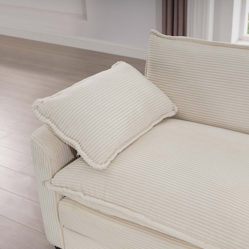 Modern Upholstered 4 Seater Corduroy Fabric Sofa With Arm And Throw Pillows
