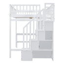 Full size Loft Bed with Bookshelf,Drawers,Desk,and Wardrobe-White