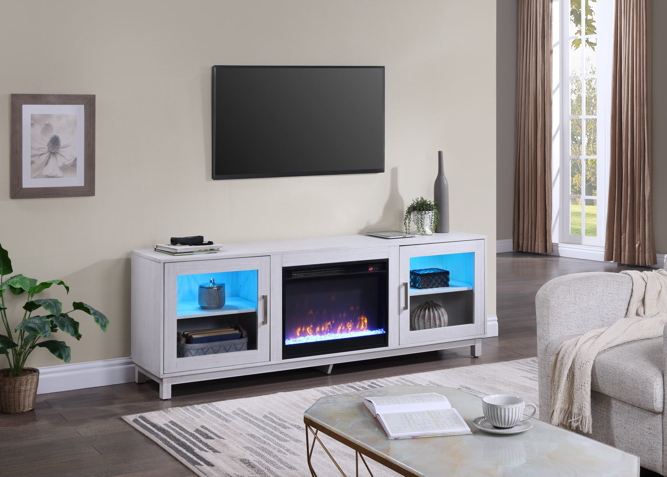 Summit 70' White Walnut Finish TV Stand Console with Fireplace, Heater