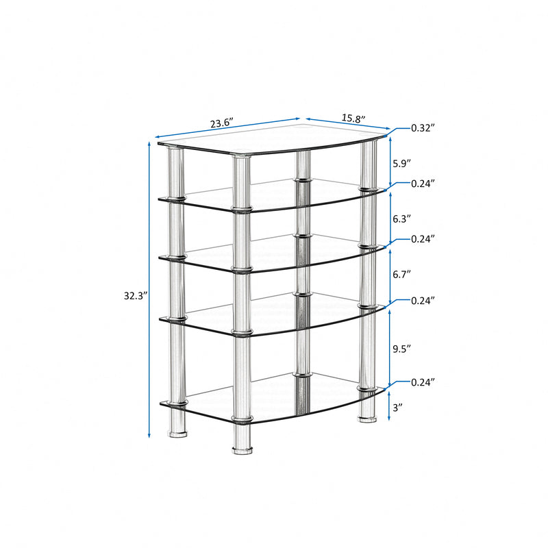 5 Tier Tempered Glass Side Table, Stainless Steel Frame End Table For Living Room, Bedroom - Black