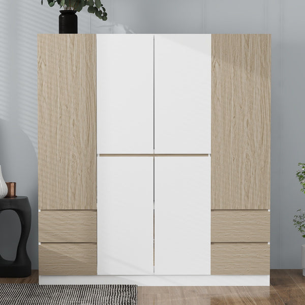 6 Doors Wardrobe Storage For Bedroom, With 4 Drawers - White / Nature