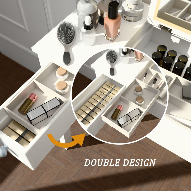 Vanity Table With LED Lights, Flip-Top Mirror And 2 Drawers, Jewelry Storage