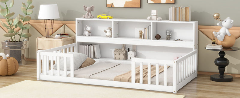 Floor Bed With Bedside Bookcase, Shelves, Guardrails