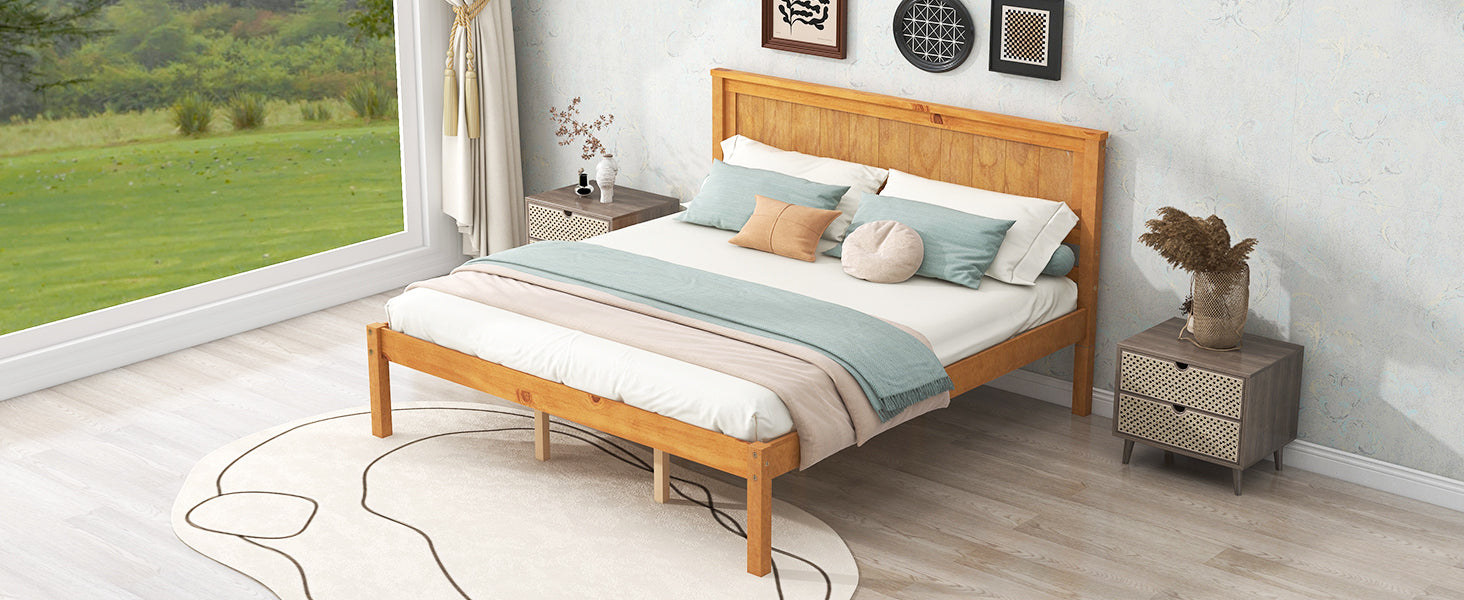 Platform Bed Frame with Headboard, Wood Slat Support, No Box Spring Needed, Queen, Oak - Atlantic Fine Furniture Melbourne FL