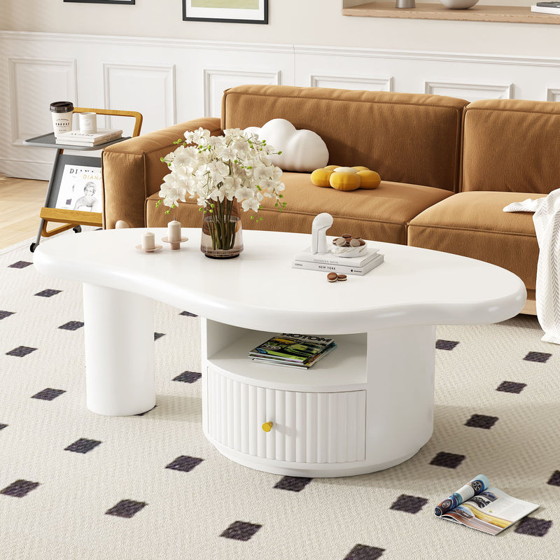 Cloud - Coffee Table, Irregular Shape Coffee Table With 1 Dreawer And Shelf For Living Room - White