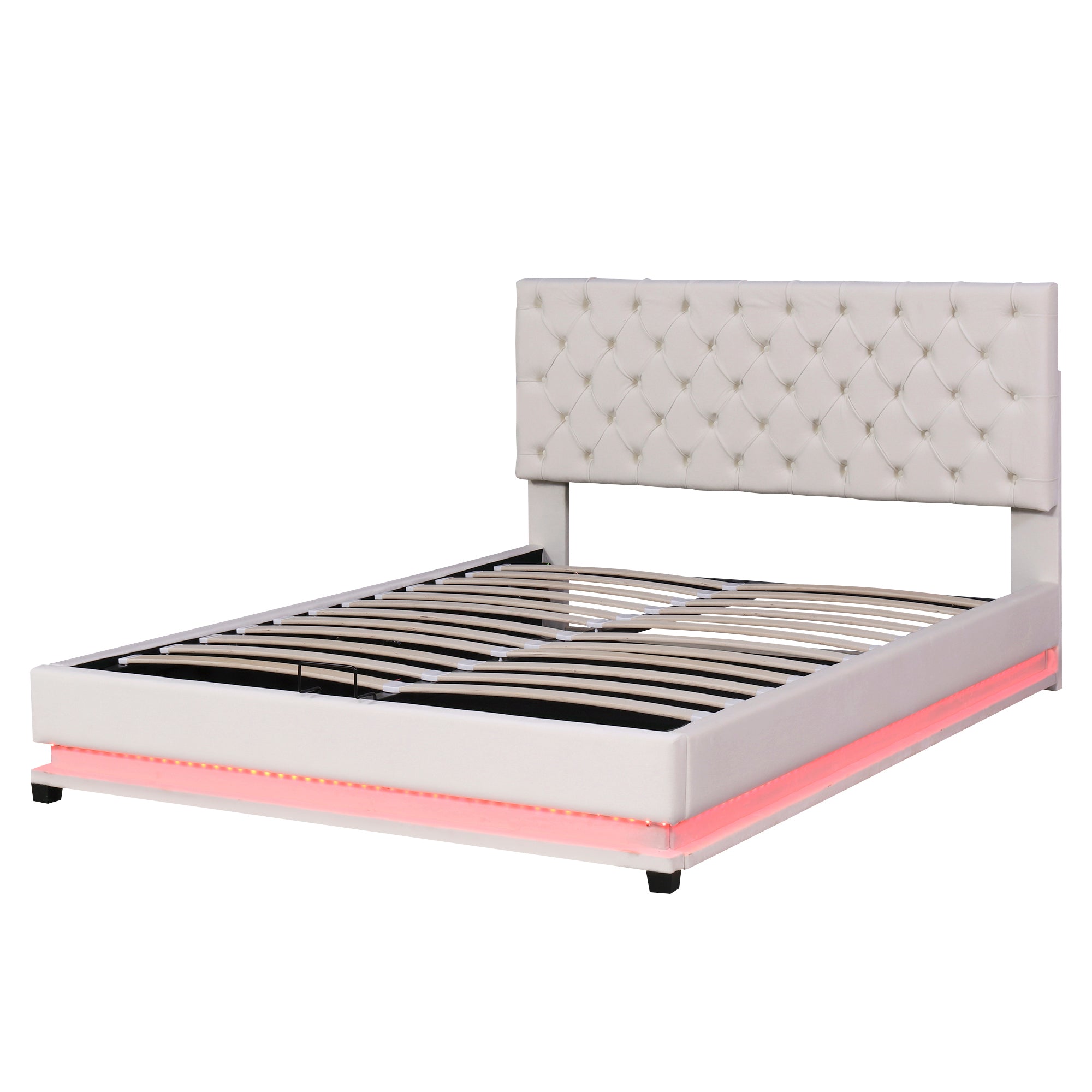 Queen Size Storage Upholstered Platform Bed with Adjustable Tufted Headboard and LED Light, Beige - Atlantic Fine Furniture Melbourne FL