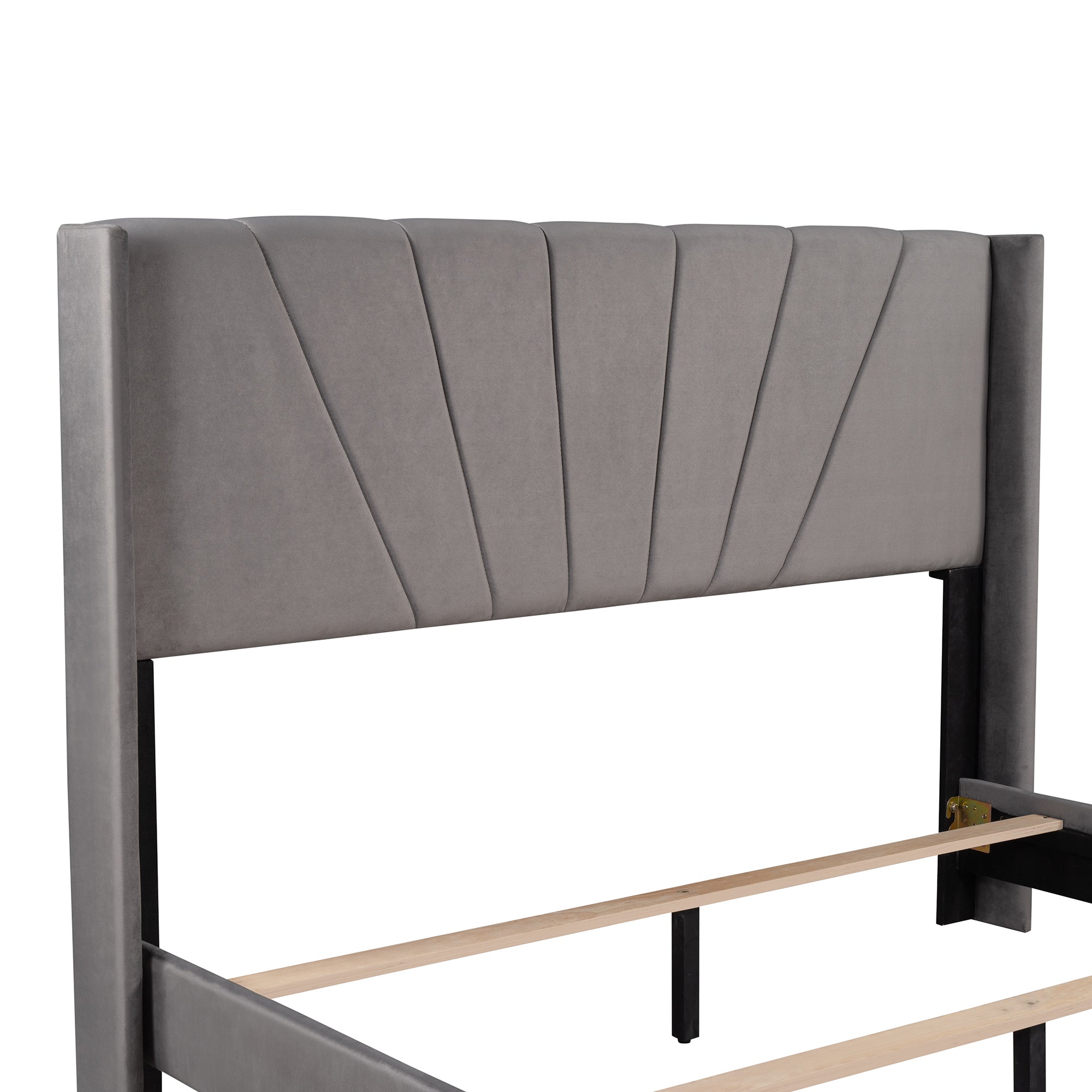 Queen Size Velvet Upholstered Platform Bed, Box Spring Needed - Gray - Atlantic Fine Furniture Melbourne FL