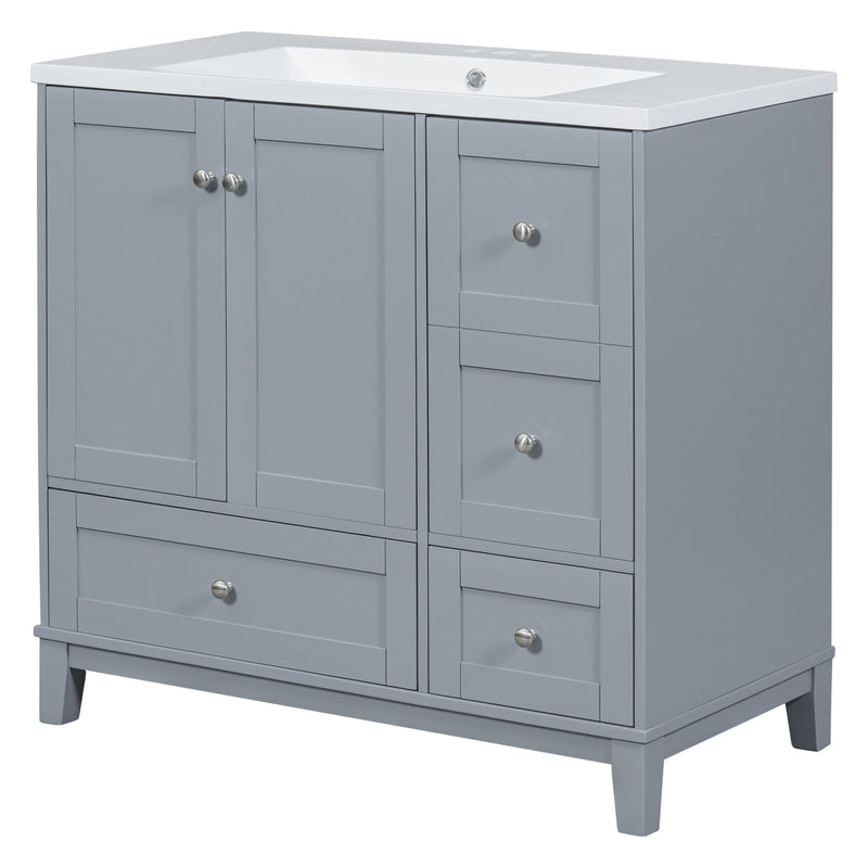 Modern Bathroom Vanity With USB Charging, Two Doors And Three Drawers Bathroom Storage Vanity Cabinet With Single Top, Small Bathroom Vanity Cabinet With Sink - White / Gray Blue