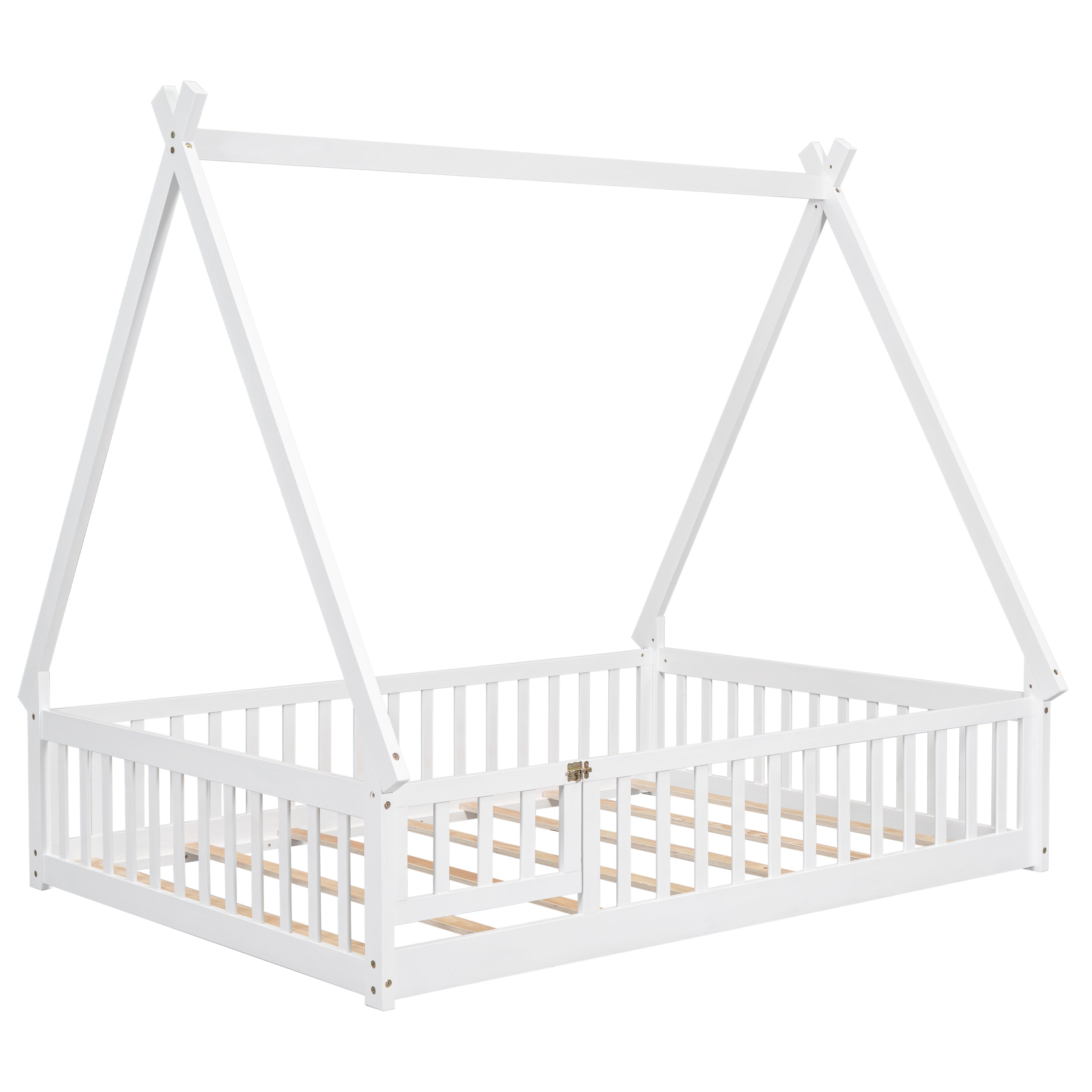 Full Tent-shaped Floor Bed, with Guardrails, Slats, Door ,White