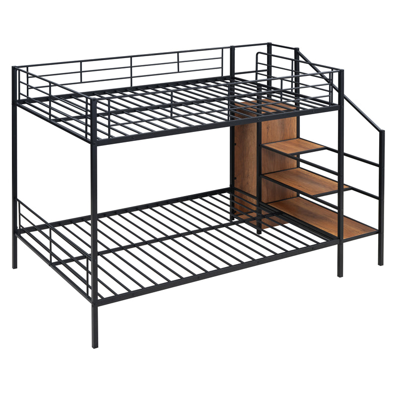 Full Over Full Metal Bunk Bed with Lateral Storage Ladder and Wardrobe, Black