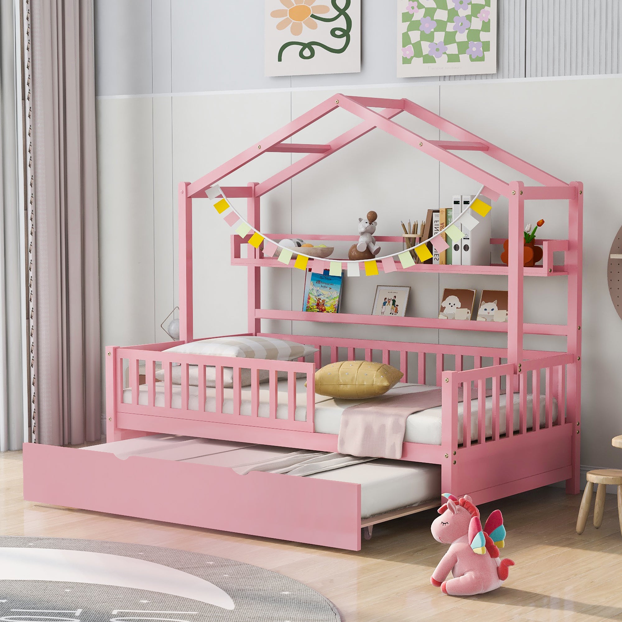 Wooden Twin Size House Bed with Trundle,Kids Bed with Shelf, Pink - Atlantic Fine Furniture Melbourne FL