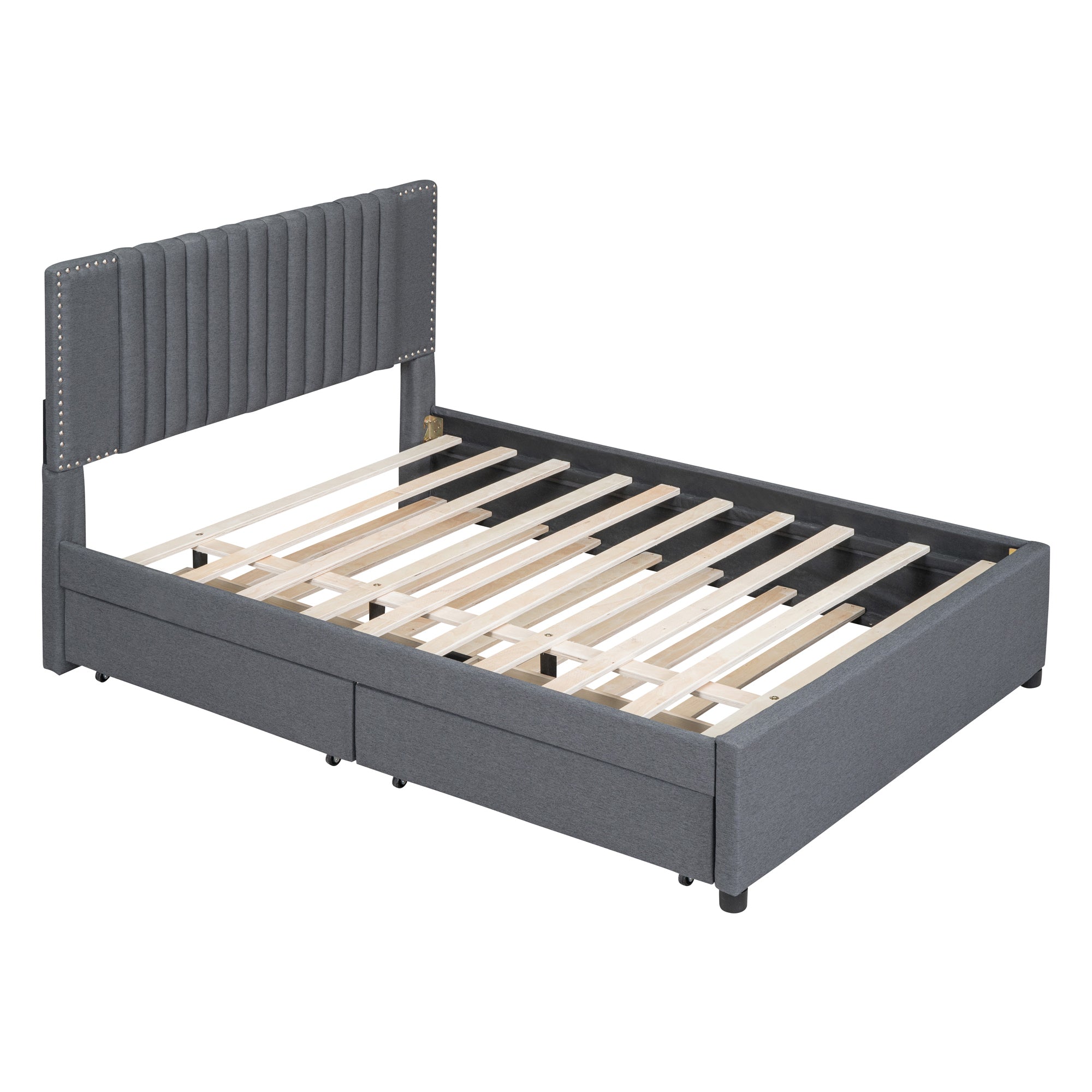 Full Size Upholstered Platform Bed with 2 Drawers and 1 Twin Size Trundle, Classic Headboard Design, Gray - Atlantic Fine Furniture Melbourne FL