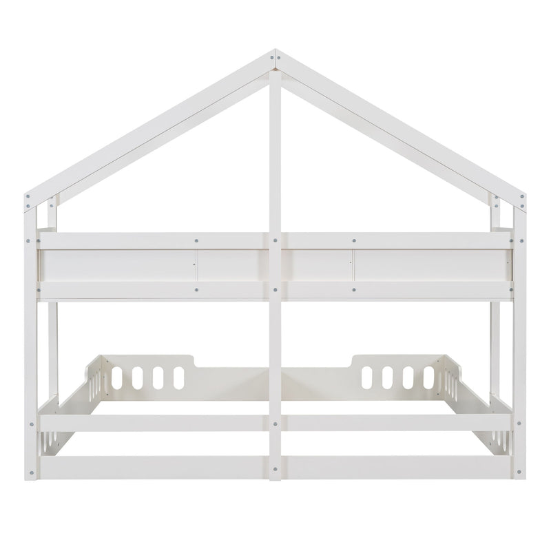 Twin Size Platform Bed With Shared Design, Guardrails, And Built In Shelves - Creamy White