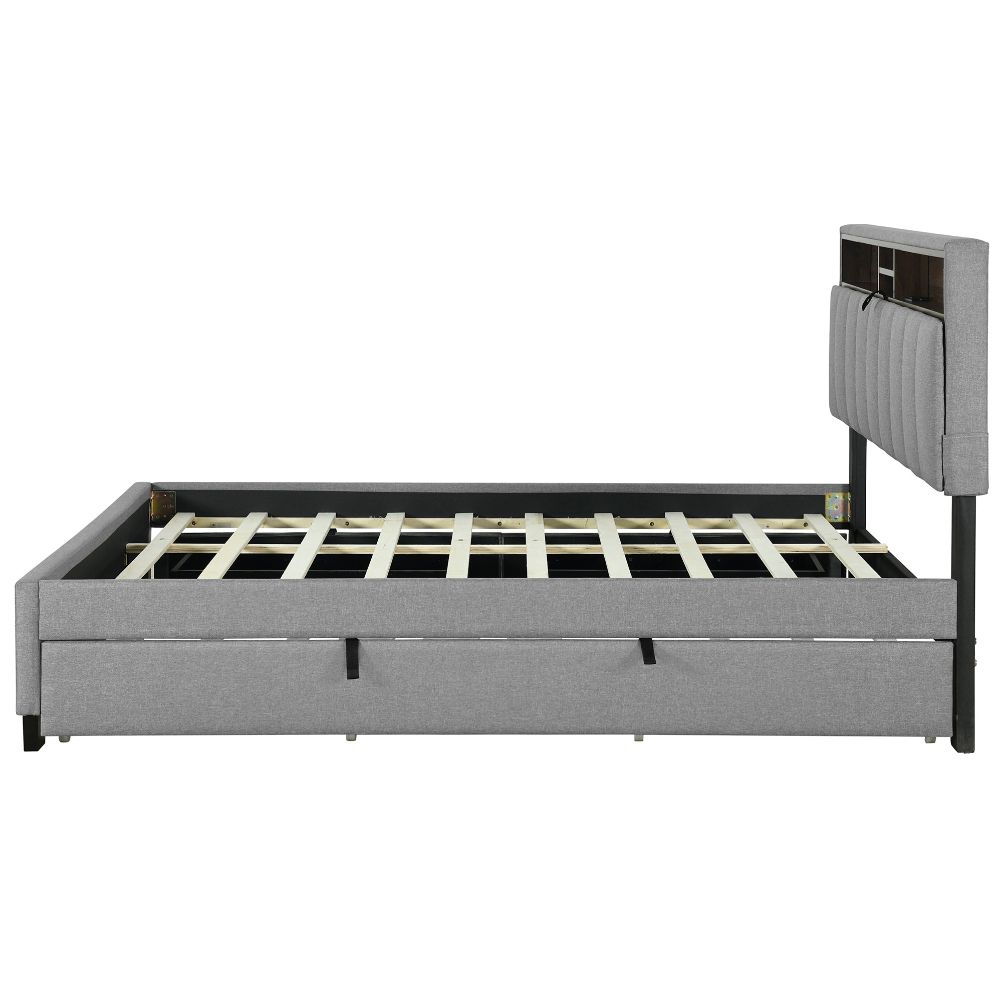 Queen size Upholstered Platform Bed with Storage Headboard, Twin XL Size Trundle & 2 drawers and a set of Sockets & USB Ports, Linen Fabric, Gray - Atlantic Fine Furniture Melbourne FL