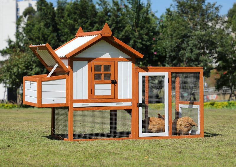 Weatherproof Outdoor Chicken Coop With Nesting Box, Hen House With Removable Bottom For Easy Cleaning, Poultry Cage, Rabbit Hutch, Wood Duck House - Brown / White