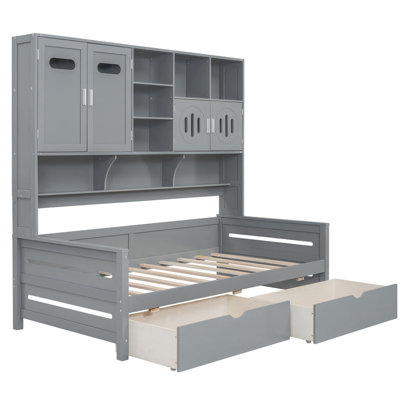 Wooden Daybed With 2 Drawers, And All-In-One Cabinet And Shelf