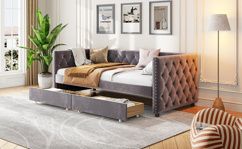 Sofa bed with drawers, modern velvet upholstered sofa bed with button tufted sofa bed frame with double drawers, bedroom living room furniture, Grey(83.47''x42.91''x30.71''')