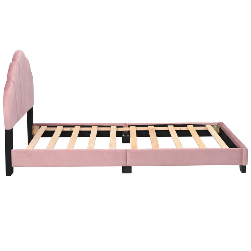 Upholstered Twin Size Platform Bed For Kids Wooden Bed Frame With Slatted Bed Base No Box Spring Needed Cute Bed Frame With Shell Design Headboard - Pink