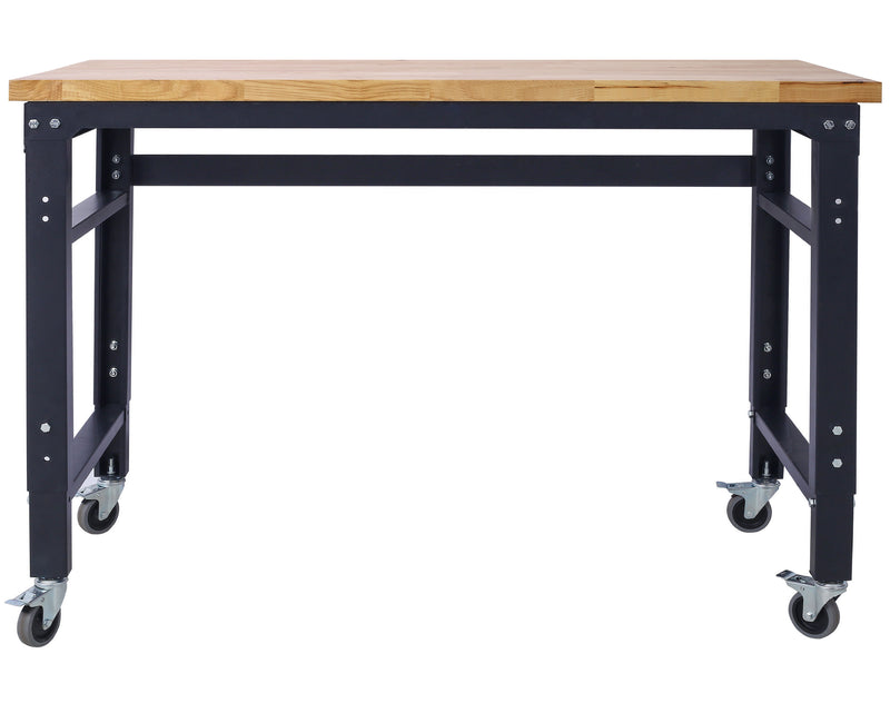 Wide Rolling Workbench For Garage, Adjustable Height, Workshop Tool Bench, Metal With Rubber Wood Top