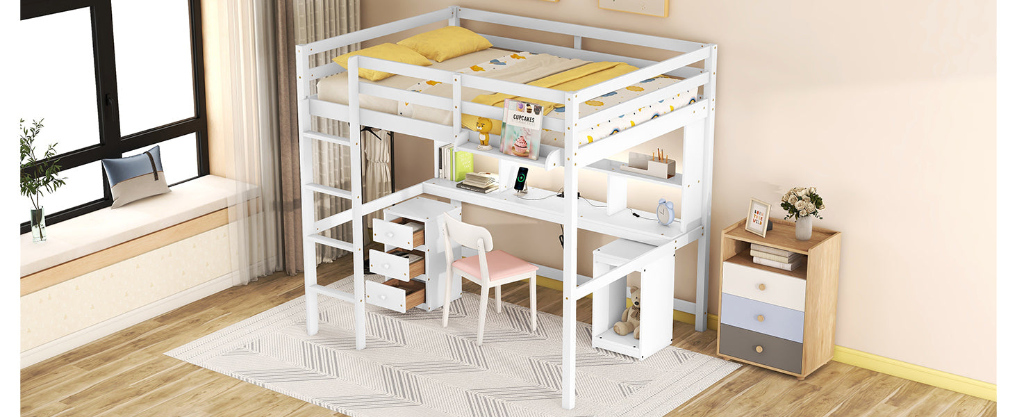 Full Size Loft Bed with Multi-storage Desk, LED light and Bedside Tray, Charging Station, White - Atlantic Fine Furniture Melbourne FL