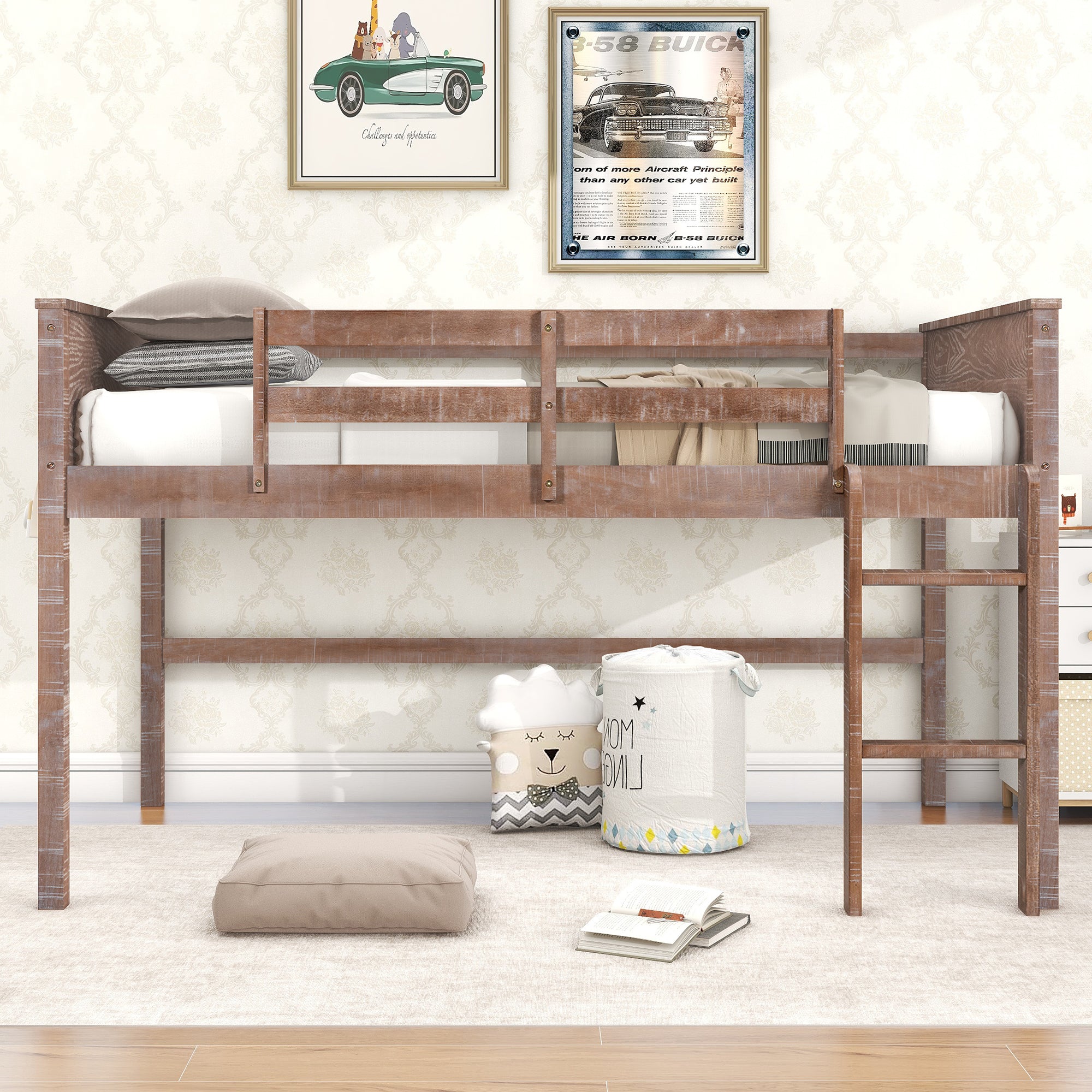 Wood Twin Size Loft Bed with Hanging Clothes Racks, White Rustic Natural - Atlantic Fine Furniture Melbourne FL