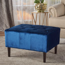 Mid Century Ottoman Velvet With Button Tufting With Birch Wood Legs - Navy Blue