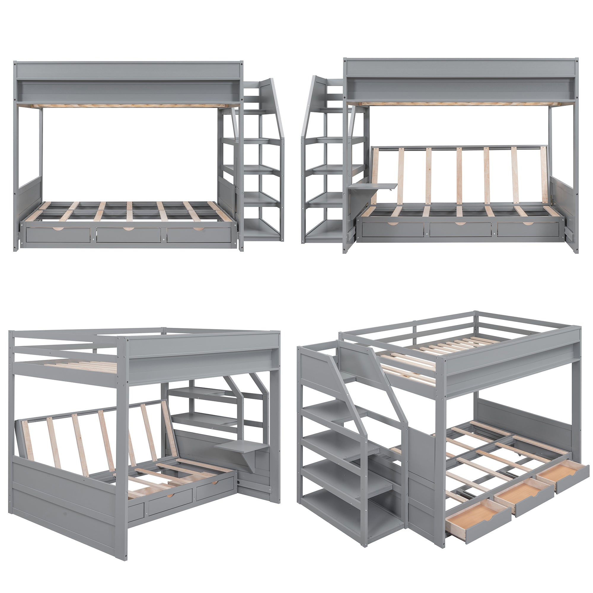 Wood Full Size Convertible Bunk Bed with Storage Staircase, Bedside Table, and 3 Drawers, Gray - Atlantic Fine Furniture Melbourne FL