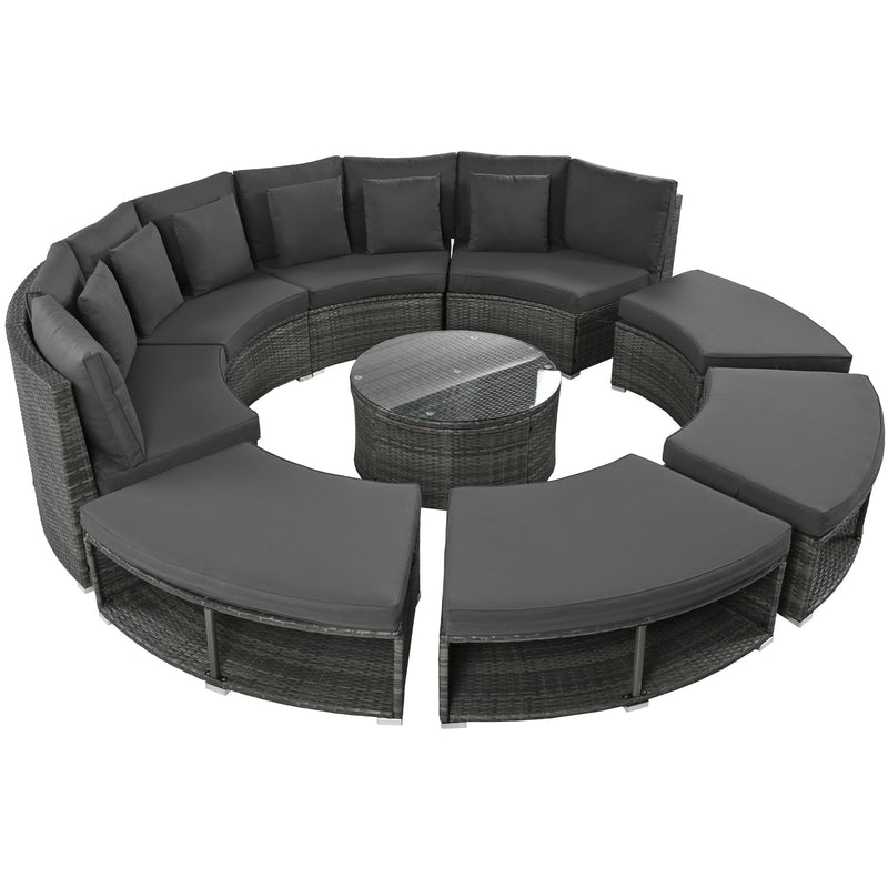 Outdoor Patio Furniture Luxury Circular Sofa Set Rattan Wicker Sectional Sofa Lounge Set With Tempered Glass Coffee Table, 6 Pillows