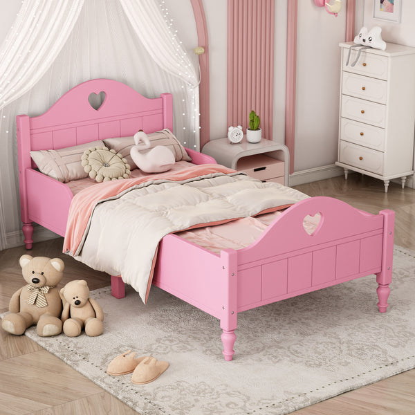 Girl's Love Princess Bed Macaron Twin Size Toddler Bed with Side Safety Rails and Headboard and Footboard , Light Pink
