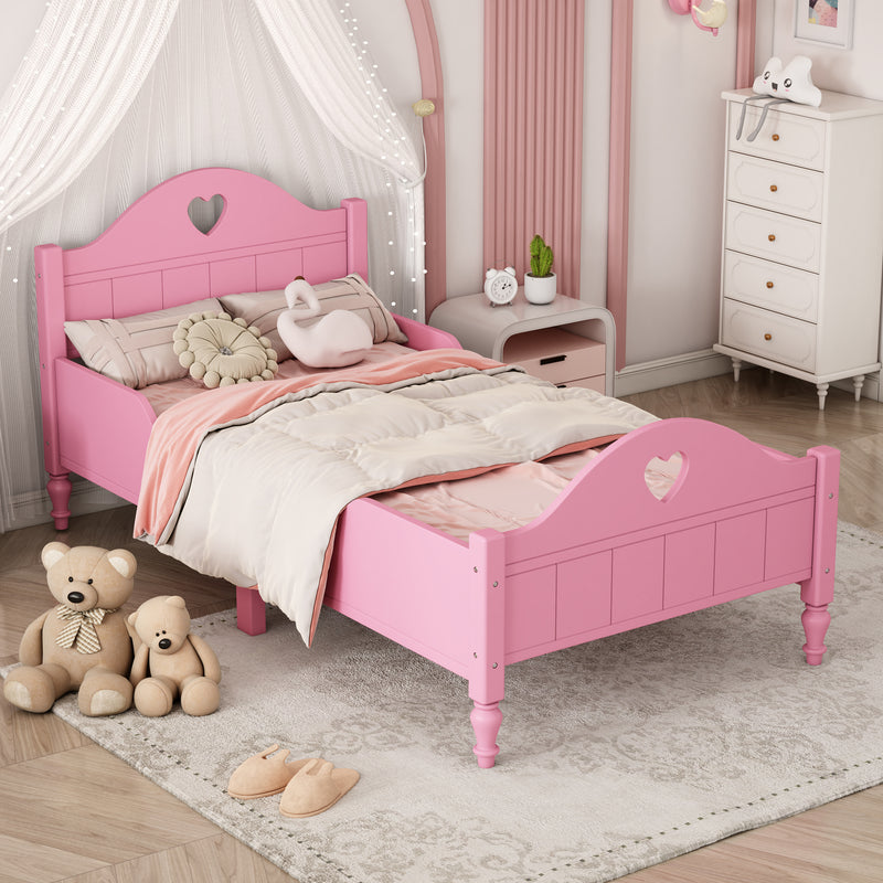 Girl's Love Princess Bed Macaron Twin Size Toddler Bed with Side Safety Rails and Headboard and Footboard , Light Pink