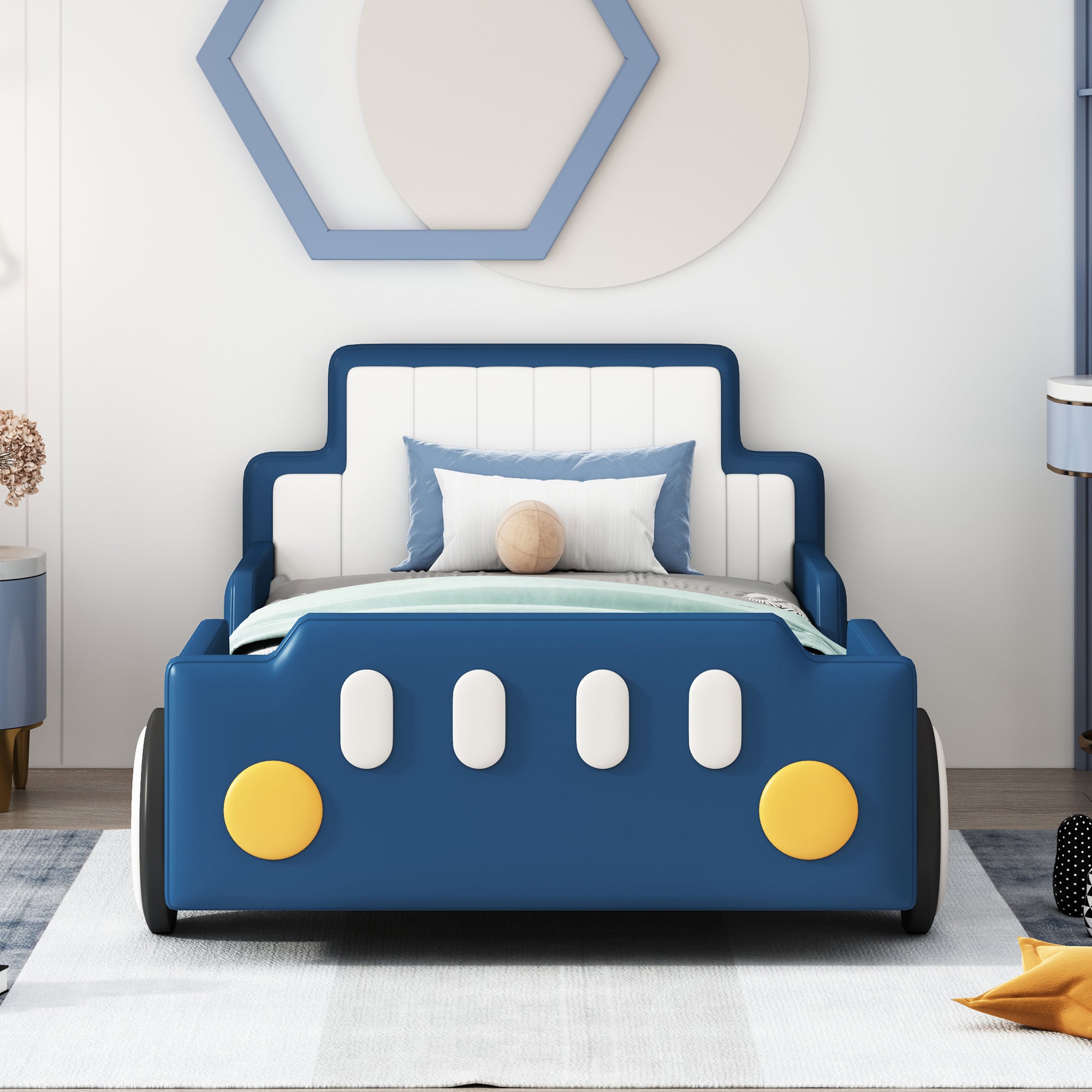 Twin Size Race Car-Shaped Platform Bed with Wheels,Blue - Atlantic Fine Furniture Melbourne FL