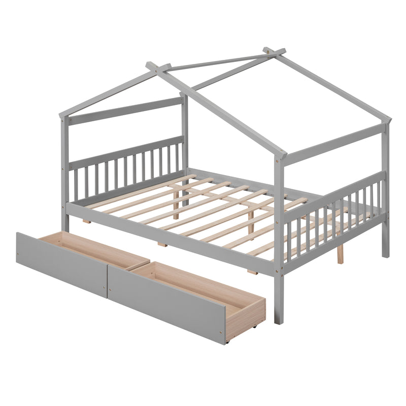 Full Size Wooden House Bed with Drawers, Gray