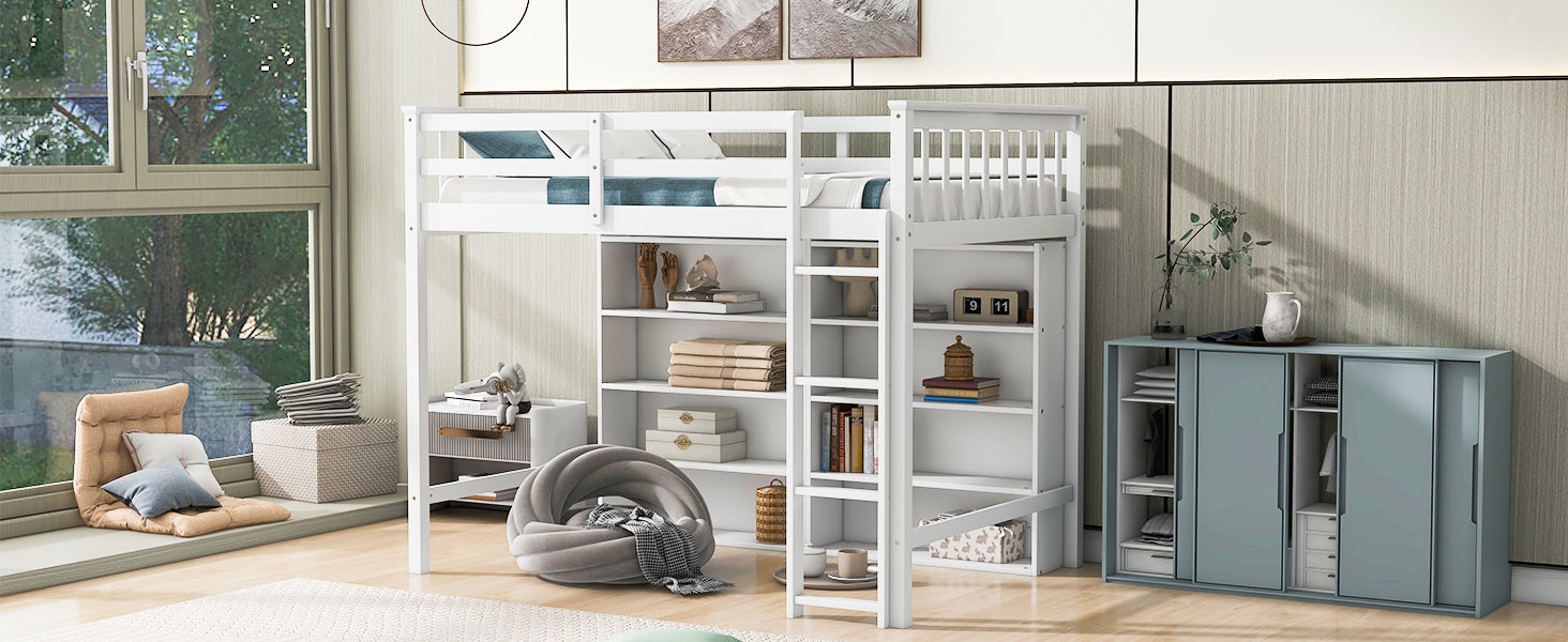 Twin Size Loft Bed with 8 Open Storage Shelves and Built-in Ladder, White - Atlantic Fine Furniture Melbourne FL