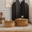 Vintage Fashion Style Cylindrical Nesting Coffee Table Set With Vertical Textured Embossed Design - Natural