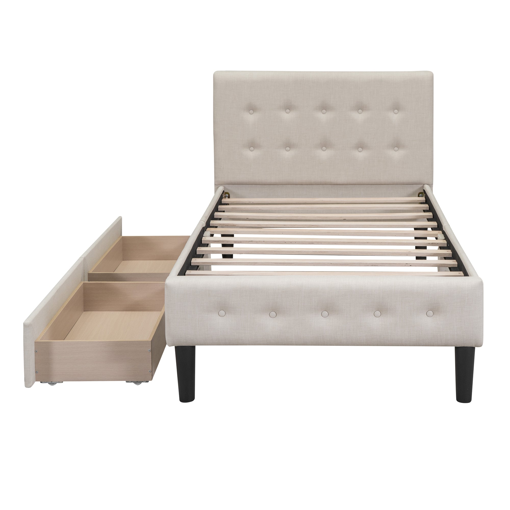 Twin Size Upholstered Platform Bed with 2 Drawers, Beige - Atlantic Fine Furniture Melbourne FL